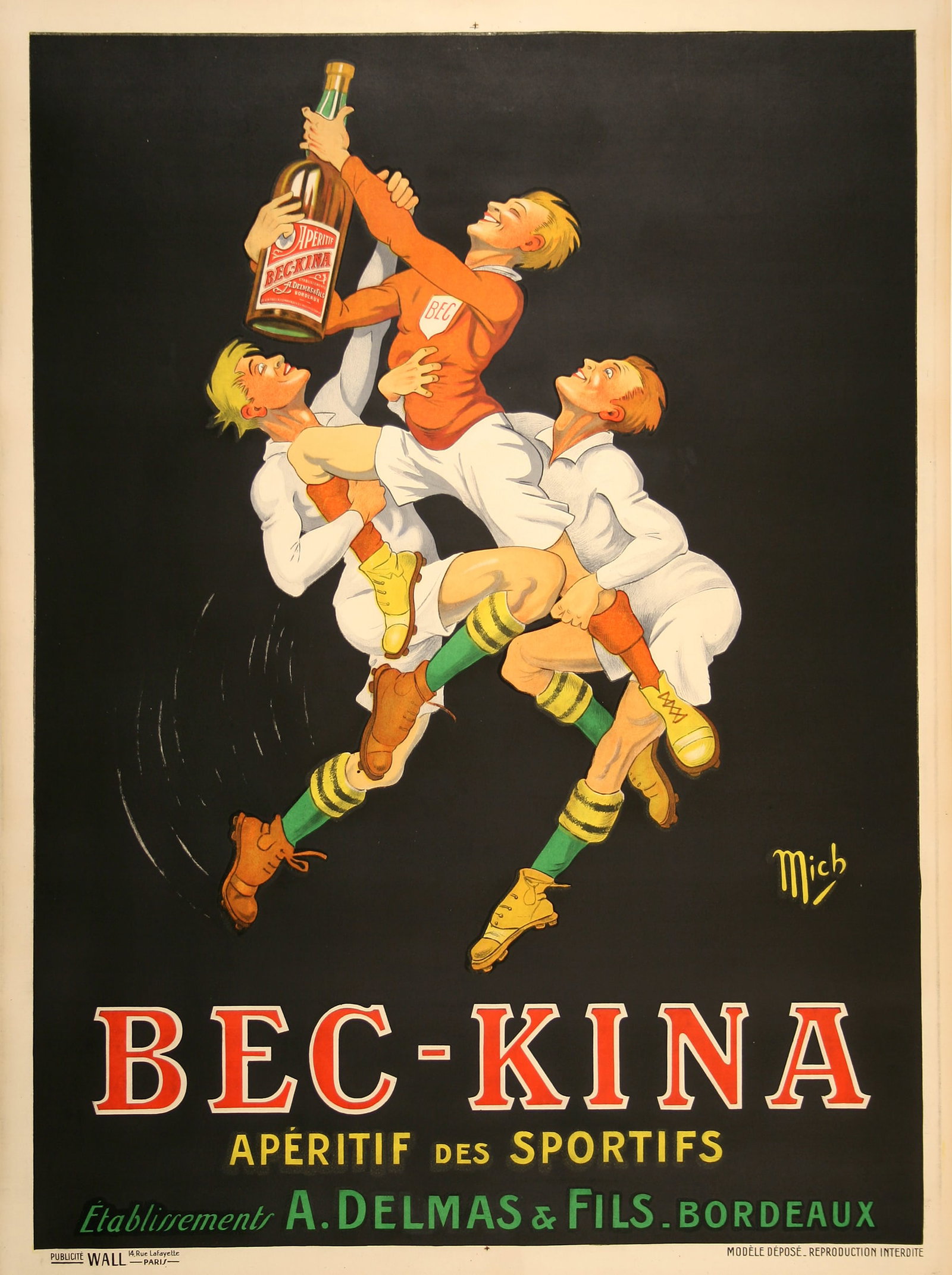 Original Bec Kina Aperitif Liquor Vintage Poster by Mich c1925: This is an original antique advertising poster created circa 1925 by the admired artist, Mich, in France. This spectacular poster promotes the enjoyment of the Bec Kina Aperitif. It features the whims