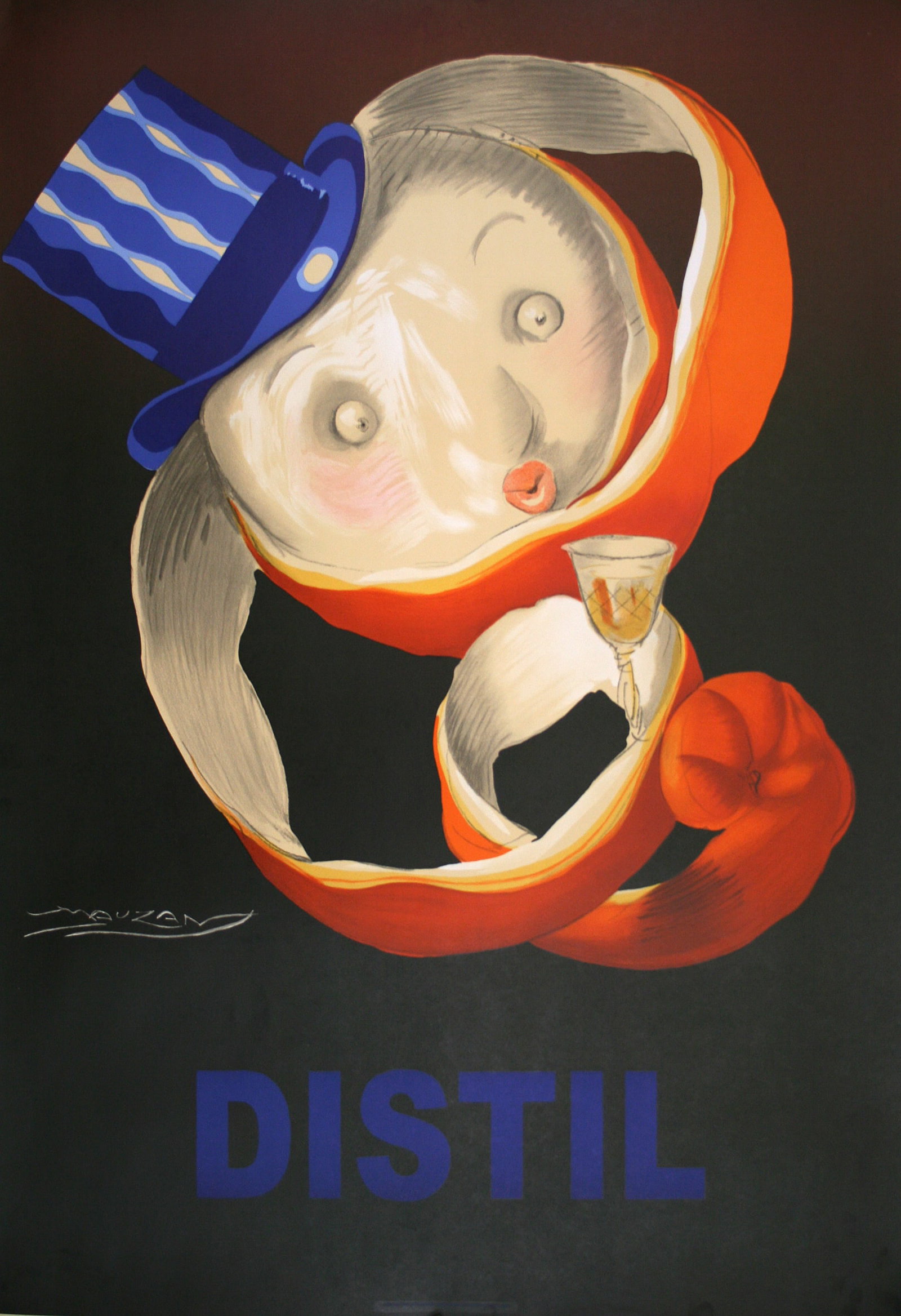 Vintage Poster Design by Mauzan for Distil Orange: This poster uses an original design by Mauzan that was never printed during his lifetime. In the mid 1990's the design was printed under license from his estate. The image typifies the distinctive hum