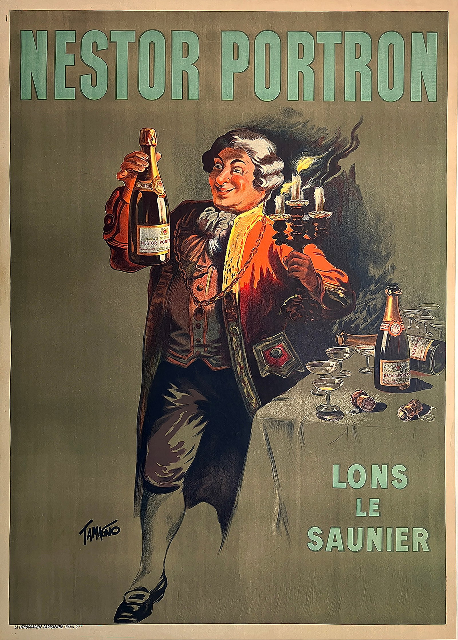 Original Vintage Nestor Portron Poster by Francisco Tamagno C1910: Nestor Portron is a French liqueur brand, known particularly for its high-quality fruit liqueurs and spirits. In the image we see a historical figure of a wealthy man savoring his bottle of Nestor Por