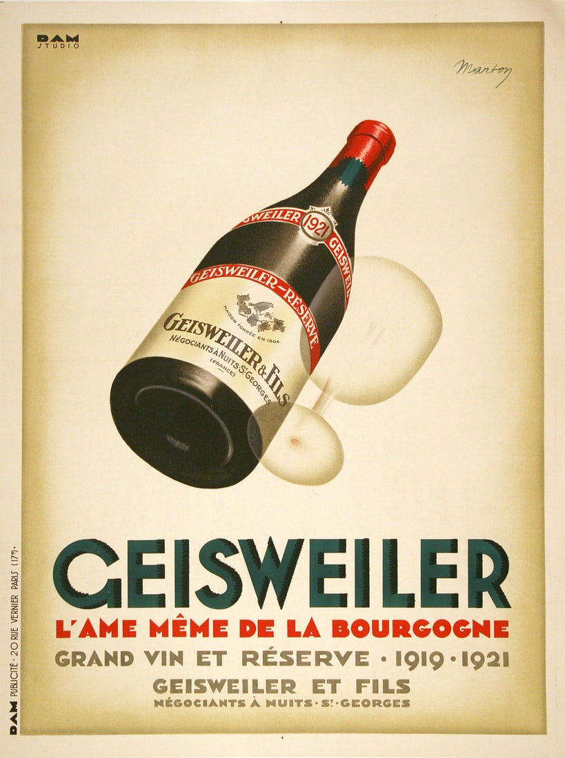 Geisweiler Original French Wine Poster by Lajos Marton c1921: This large poster for Geisweiler is a great example of to-the-point product advertising. In the center of the image, a bottle of the wine and a clear glass are stylistically positioned set against a b