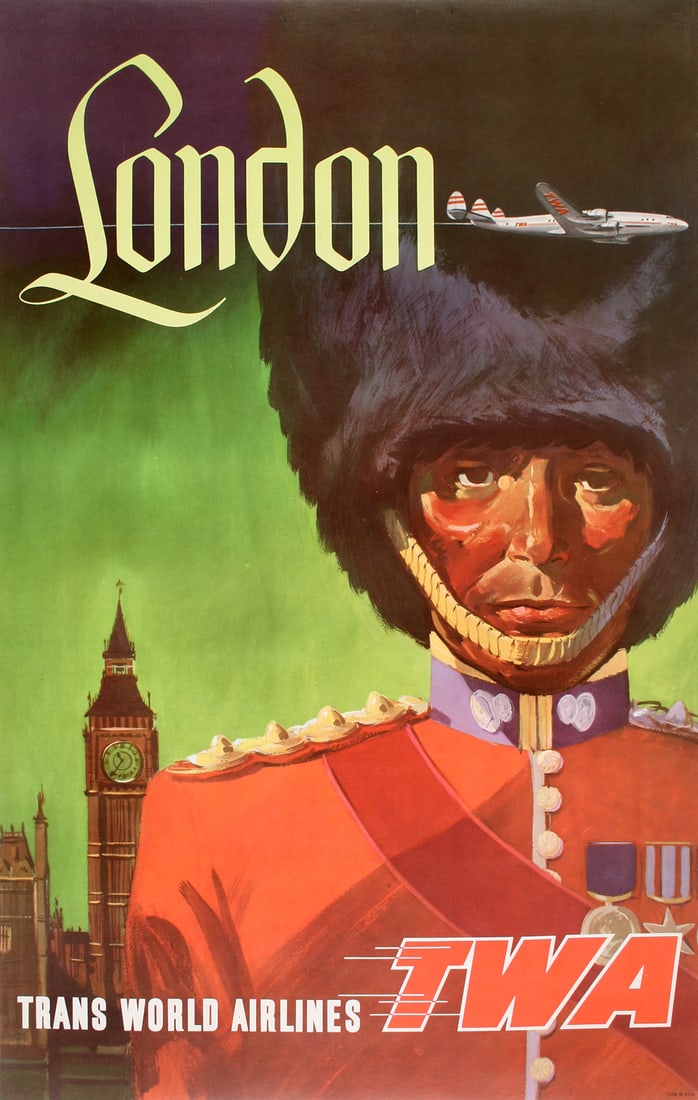 Vintage TWA Poster C1954 for Travel to London - Royal Guard - Constellation: TWA (Trans World Airlines) was formed in 1924 as Transcontinental & Western Air. The airline's first route was New York to Los Angeles, soon followed by multiple National routes. The airline expanded 