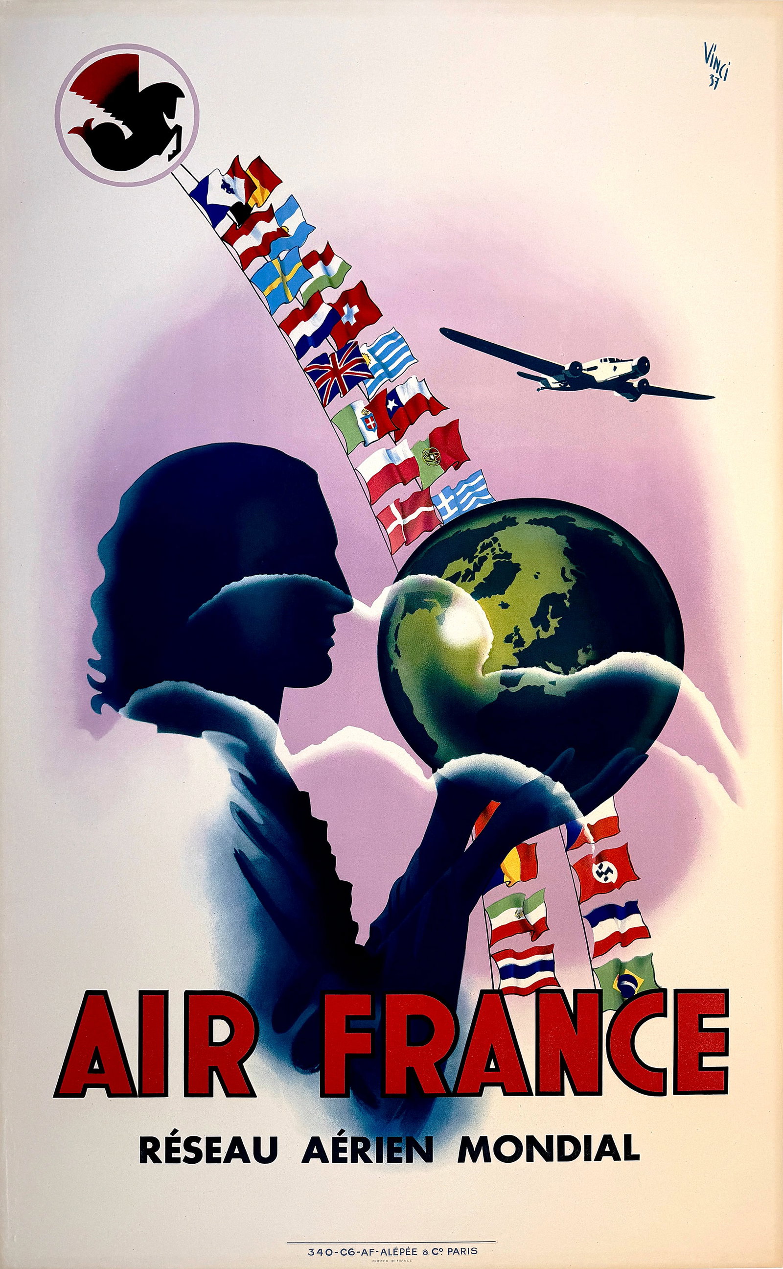 Original Vintage Air France - Reseau Aerien Mondial - Vinci Poster 1947: This elegant and symbolic Air France poster by Vinci, created in 1937, presents a poetic vision of global aviation at a time when international air travel was rapidly expanding. The slogan “Réseau 