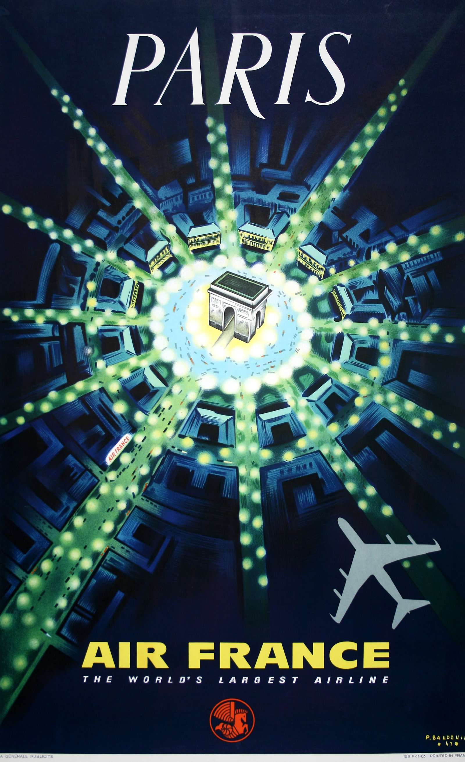 Original Vintage Air France - Paris Arc De Triomphe Poster 1963 by Pierre Baudoin: This striking image was first created for Air France just after the end of World War II in 1947 by the artist Pierre Baudoin. It depicts the overhead view the famous landmark of the Arc de Triomphe th