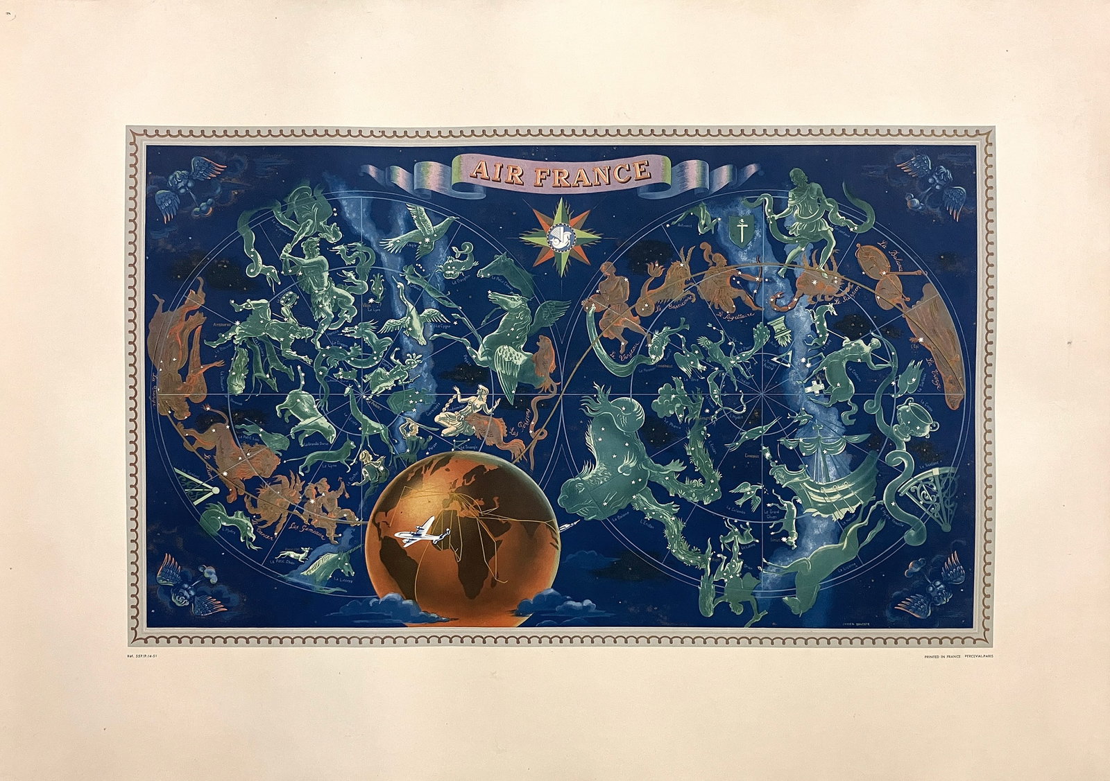 Original Vintage Air France Horoscope Poster by Lucien Boucher 1953 Small Format: This stunning original vintage poster by Lucien Boucher (1889–1971) is among his most sought-after designs for Air France. Created in the 1950s, it showcases the airline’s extensive global network