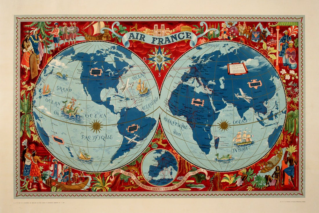 Original Air France Map Poster Planishere Created by Lucien Boucher in 1952 (1 of 1)