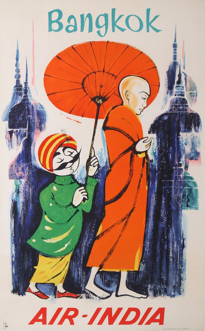 Original Vintage Air India Maharajah Bangkok Thailand Travel Poster 1958: Air India's mascot, Maharajah AKA "The Rogue" is one of the most beloved corporate personalities. Developed in 1946 by Bobby Kooka, Maharajah is known for his padded belly, large mustache, and mischie