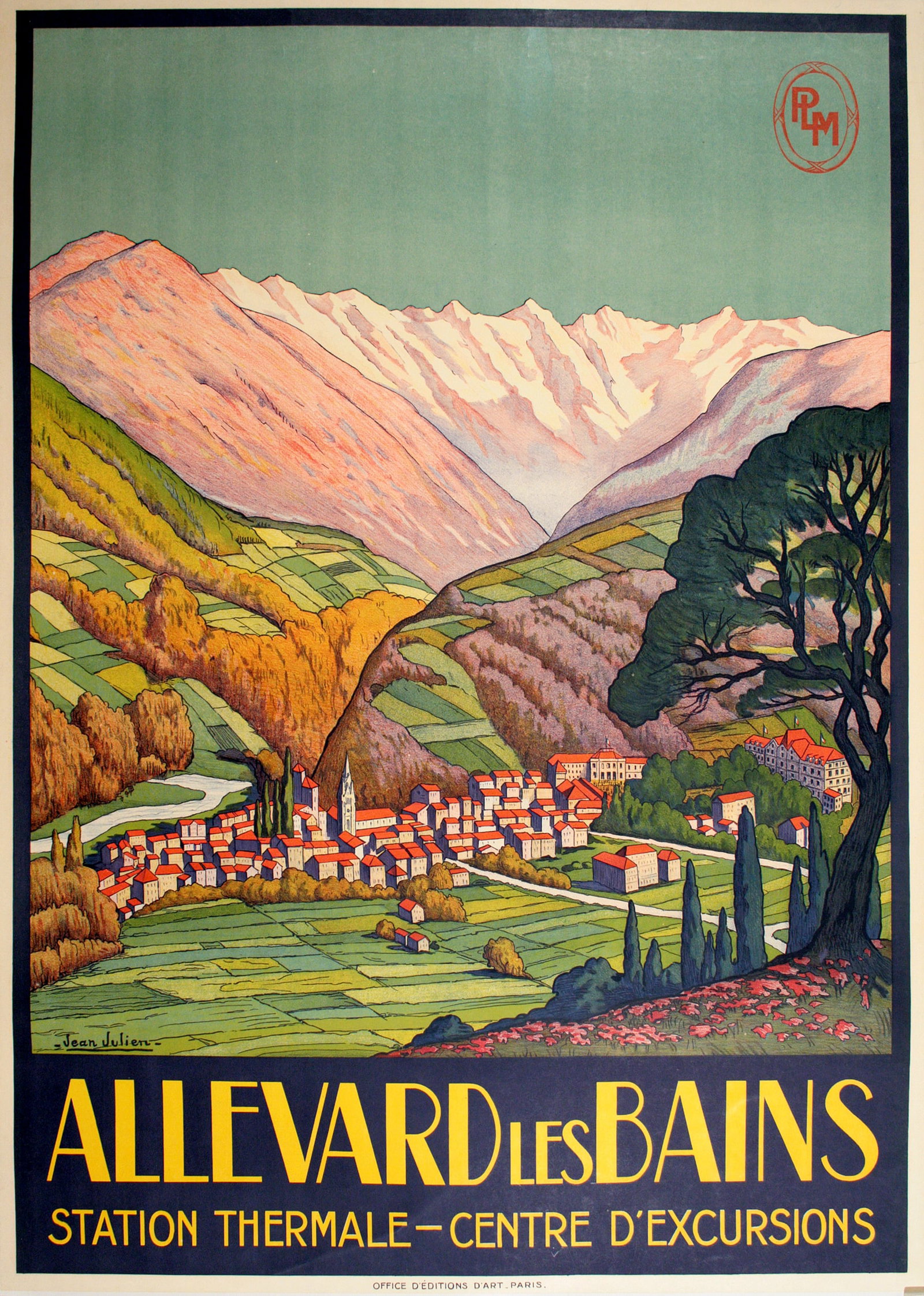 Original Vintage Allevard les Bains Poster by Jean Julien C1930.: Jean Julien’s poster for Allevard-les-Bains presents a sweeping and idyllic view of this celebrated Alpine spa town, nestled within a lush valley beneath snow-capped mountains. The composition unfol