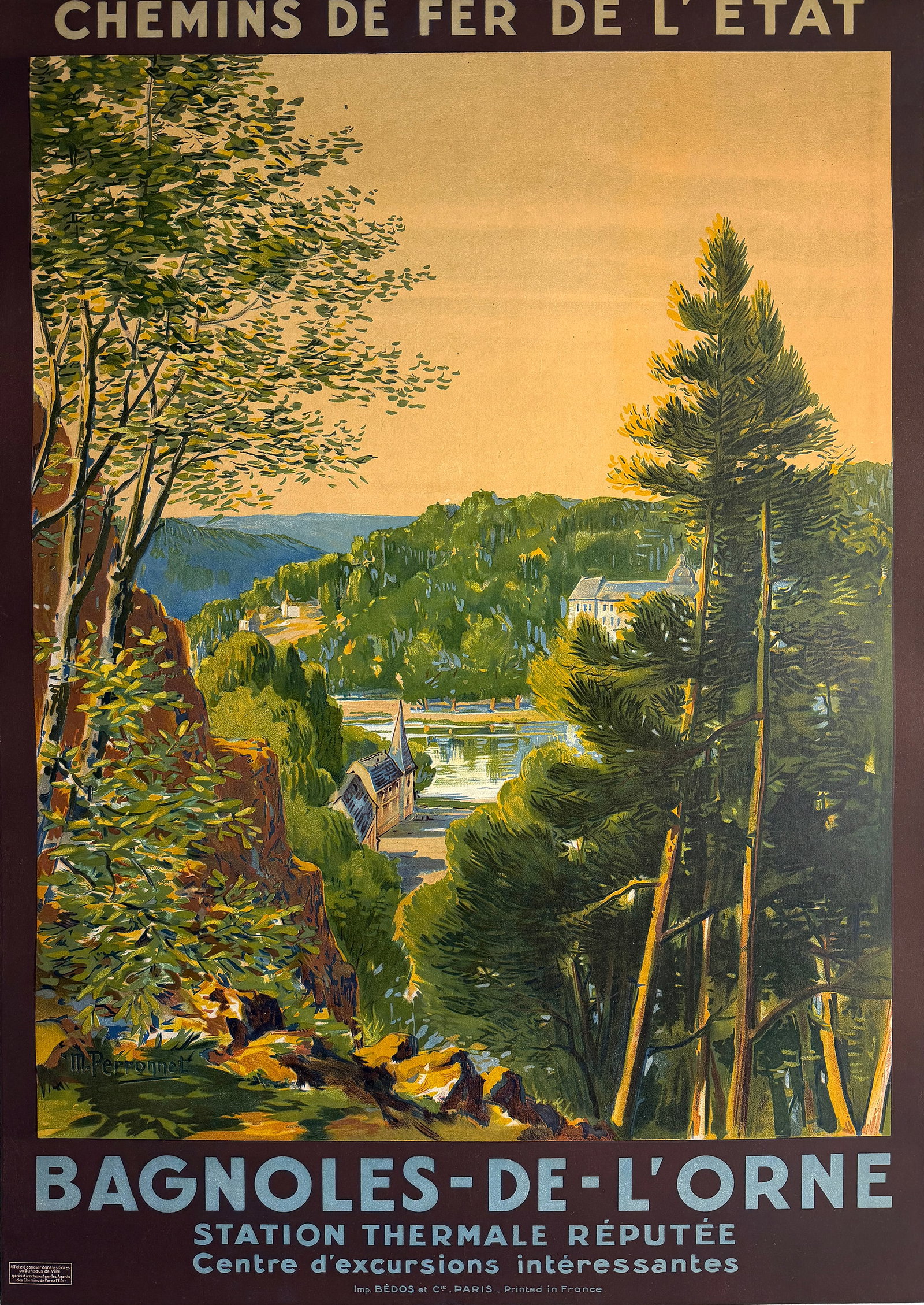 Original Vintage Bagnoles de L'Orne French Rail Poster by Maurice Perronnet C1925: Bagnoles-de-l’Orne was one of France’s celebrated spa destinations in the early twentieth century, known for its thermal waters, elegant resort culture, and picturesque forest setting in Normandy.