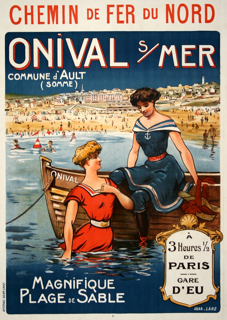Original Vintage Train Poster Onival sur Mer by Lanz c1905: This bright, vintage poster advertises travel to the seaside resort of Onival sur Mer, which is located in northwestern France. It says that it is just three and a half hours from Paris by rail, and h