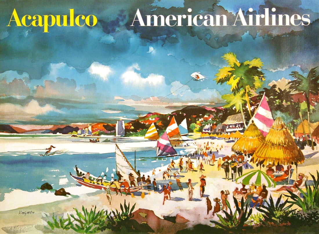 Original Vintage American Airlines Poster to Acapulco Mexico by Dong Kingman: Acapulco, a popular beach resort town on the pacific coast of Mexico was made famous in the 50’s and 60’s by the jet set and is known now for its high-energy nightlife, beaches and golf and natura