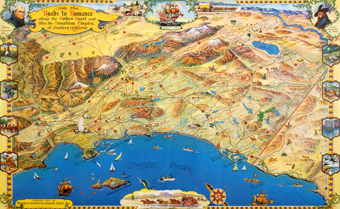 Original Southern California Map 1963 - Roads to Romance by Claude Putman: This is an attractive 1963 bird's eye view map of Southern California issued by the Southern California Tourist Association, Inc. It covers from Malibu Beach to Ensenada in Mexico and includes the cou