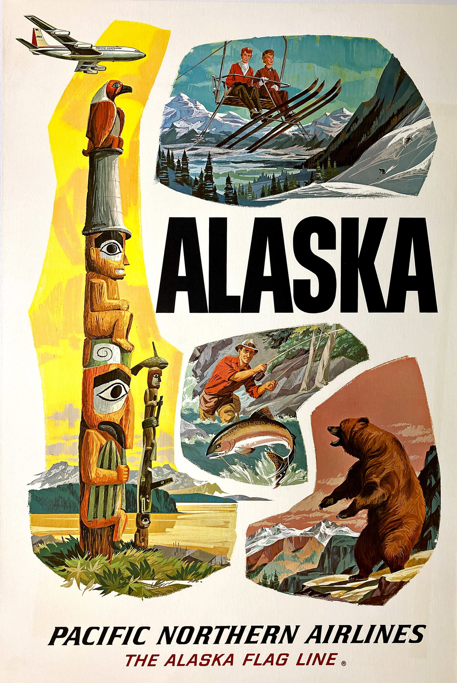 Original Vintage Pacific Northern Airlines - Alaska Poster C1955: Alaska by Pacific Northern Airlines captures the optimism and adventurous spirit of postwar American air travel, when airlines sold not merely transportation, but the promise of discovery. This striki