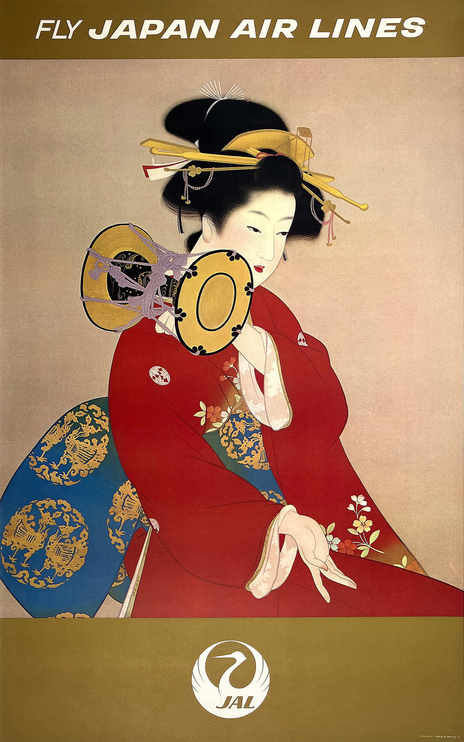 Original Vintage Japan Air Lines Poster - Geisha Holding Drum by Shoen Uemura 1968: This original 1968 Japan Air Lines (JAL) travel poster, titled “Tsuzumi no Ne” (The Sound of the Hand Drum), is a fusion of traditional Japanese art and mid-century aviation marketing. Created