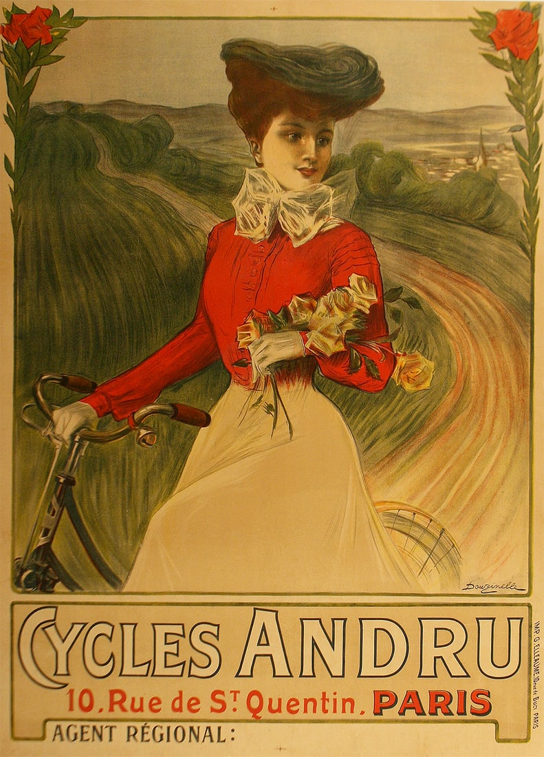 Original Vintage Cycles Andru Poster by Douzinelle c1900: Created during the height of the French bicycle boom, this impressive Belle Époque poster advertises Cycles Andru, located at 10 Rue de Saint-Quentin in Paris. The artist, Douzinelle,presents an eleg