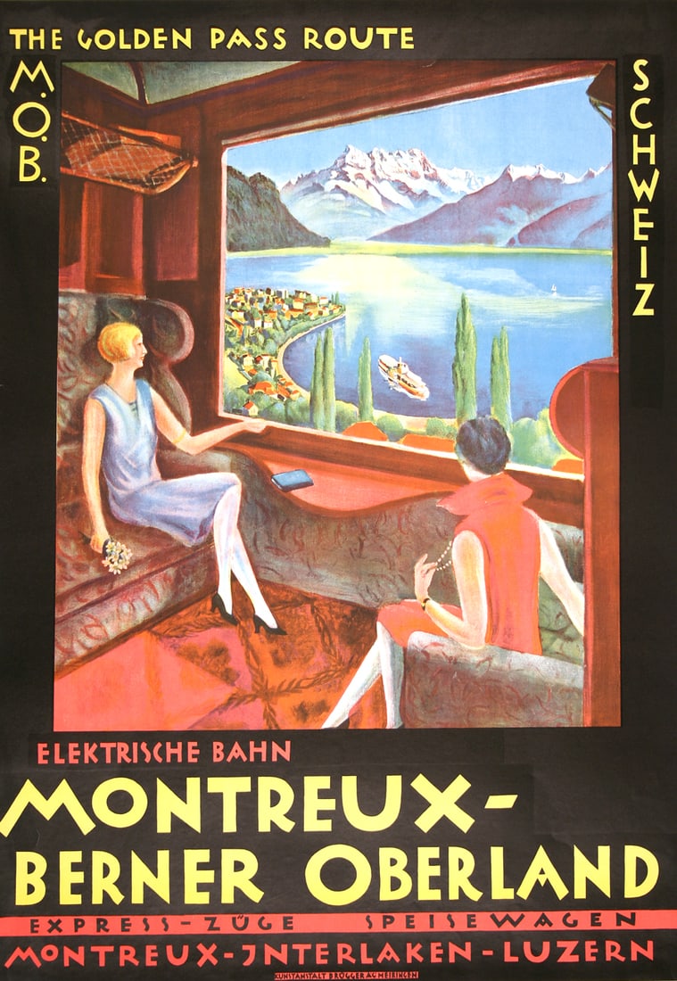 Original Vintage Montreux Berner Oberland - 2 Women Poster 1922: This classic Swiss travel poster celebrates the legendary Golden Pass Route operated by the Montreux–Oberland Bernois (M.O.B.) railway, one of Europe’s most scenic alpine journeys. The image shows