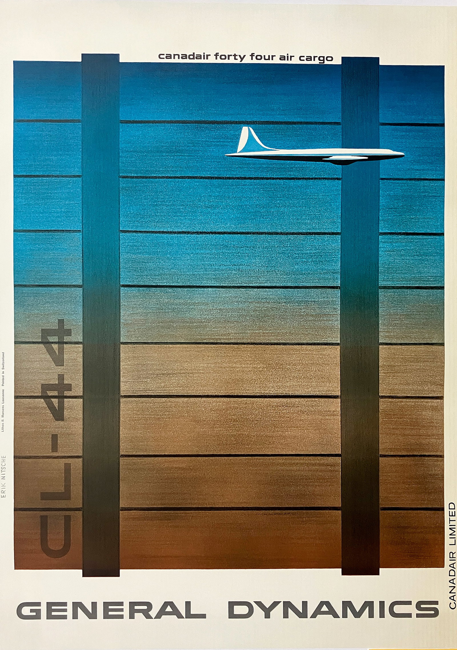 Original Vintage General Dynamics - Canadair Forty Four Cargo Poster by Erik Nitsche 1960: This original vintage poster, titled Canadair Forty Four Air Cargo – CL-44, was created by Erik Nitsche in 1960 for General Dynamics and its Canadian subsidiary, Canadair Limited. The poster promote