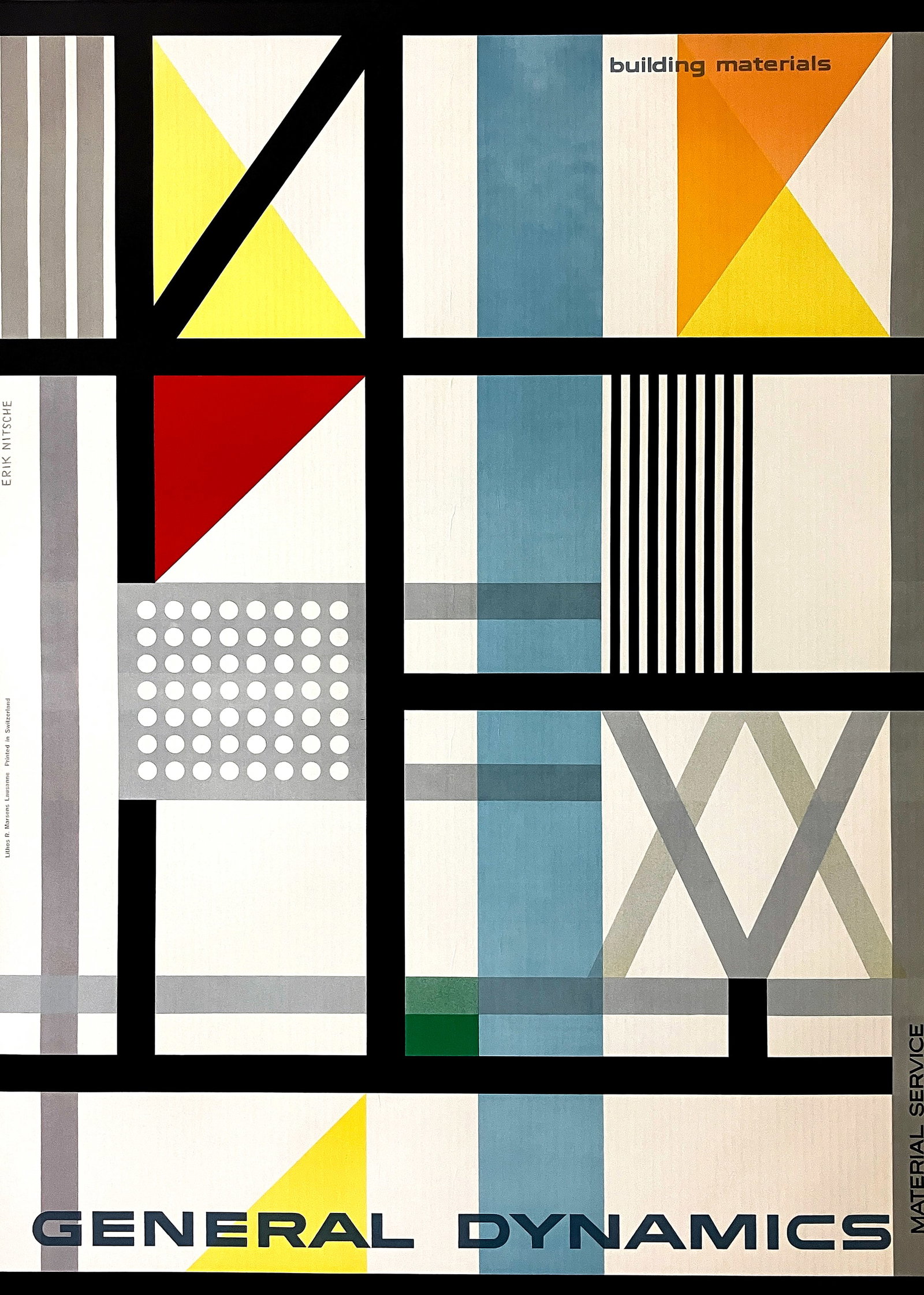 Original Vintage General Dynamics - Building Materials Poster by Erik Nitsche 1960: This original vintage poster, titled Building Materials, was created by Erik Nitsche in 1960 for General Dynamics and its Material Service division. Nitsche uses a geometric grid of vertical and horiz