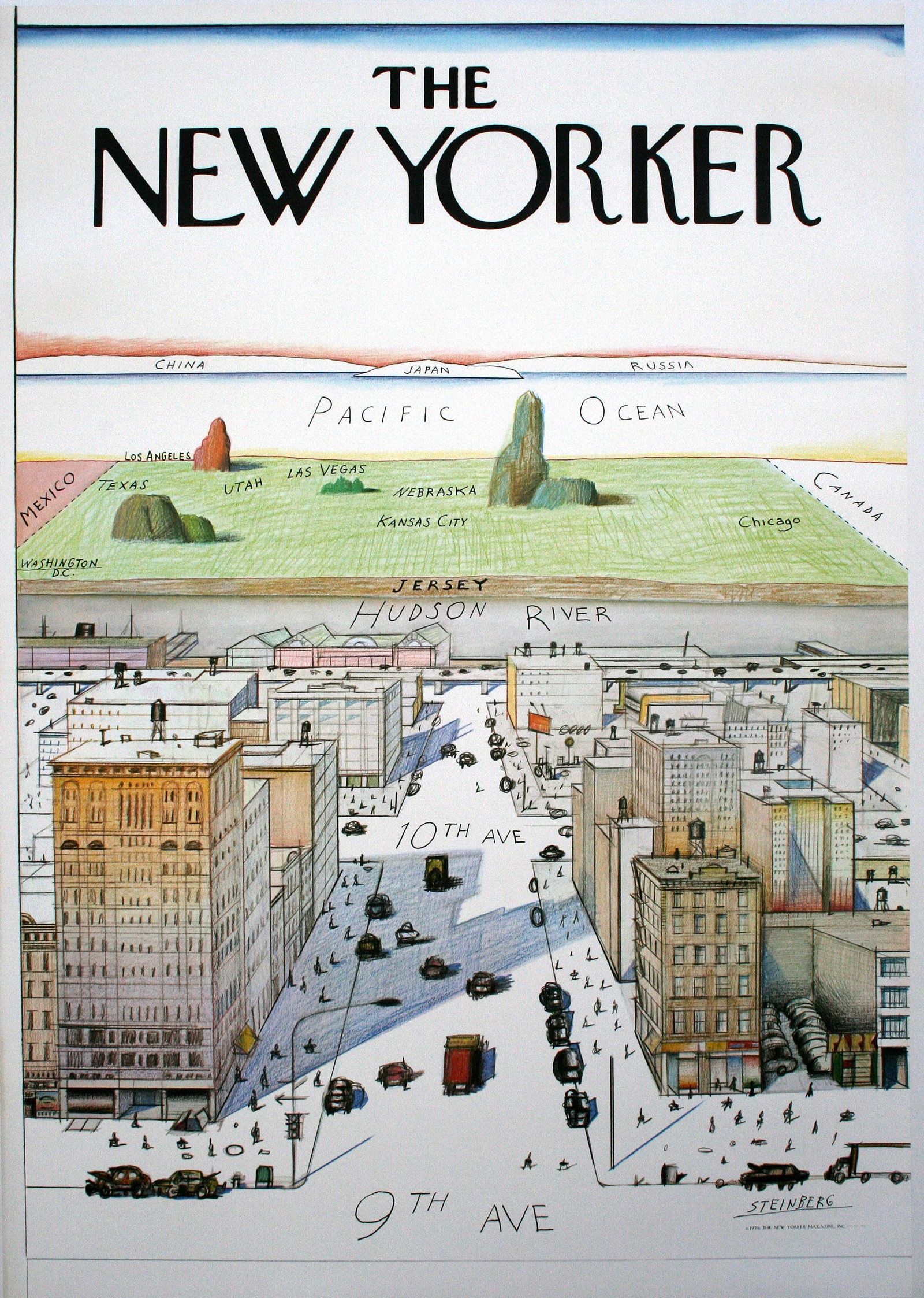 Original Poster for The New Yorker Magazine 1976 by Saul Steinberg: In the year 1976, the United States celebrated its Bicentennial of Independence.View of the World from 9th Avenue (sometimes A Parochial New Yorker's View of the World, A New Yorker's View of the Worl
