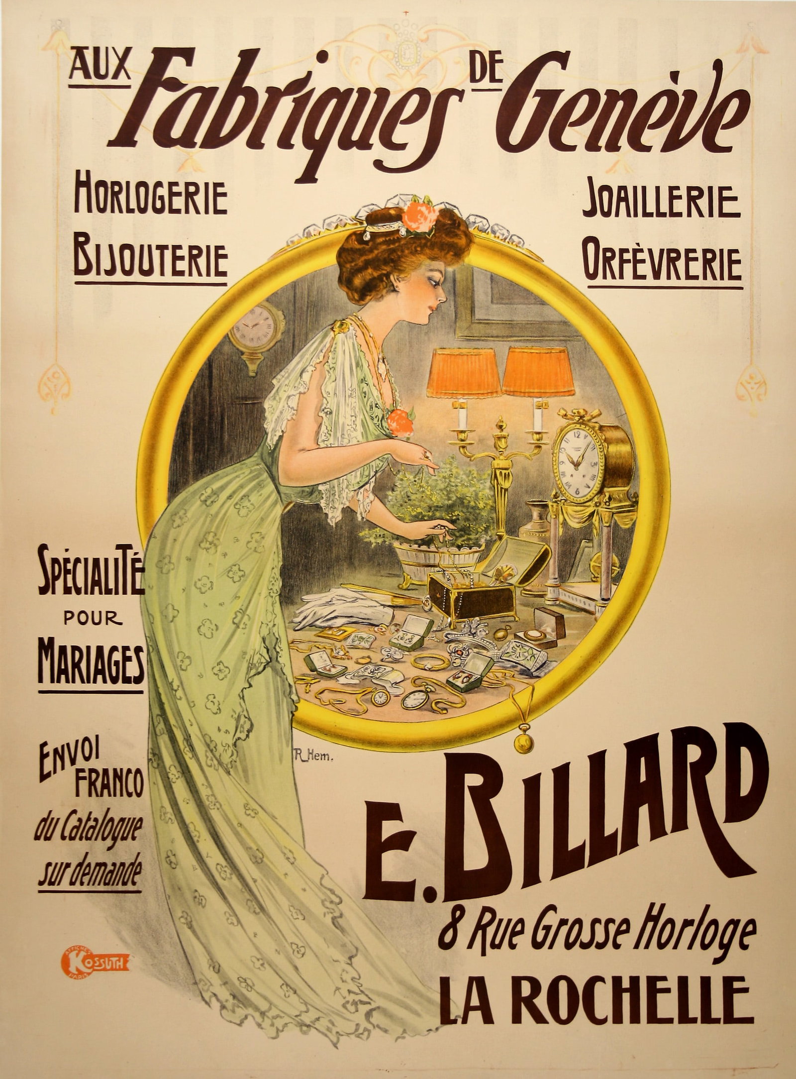 Fabriques de Geneve Original Vintage French Art Nouveau Jewelry Poster by Hem 1922: The Fabriques de Geneve is a charming poster created for a jewelry store that specialized in engagement and bridal presents. The poster uses the cameo of an engagement ring to show the many products o
