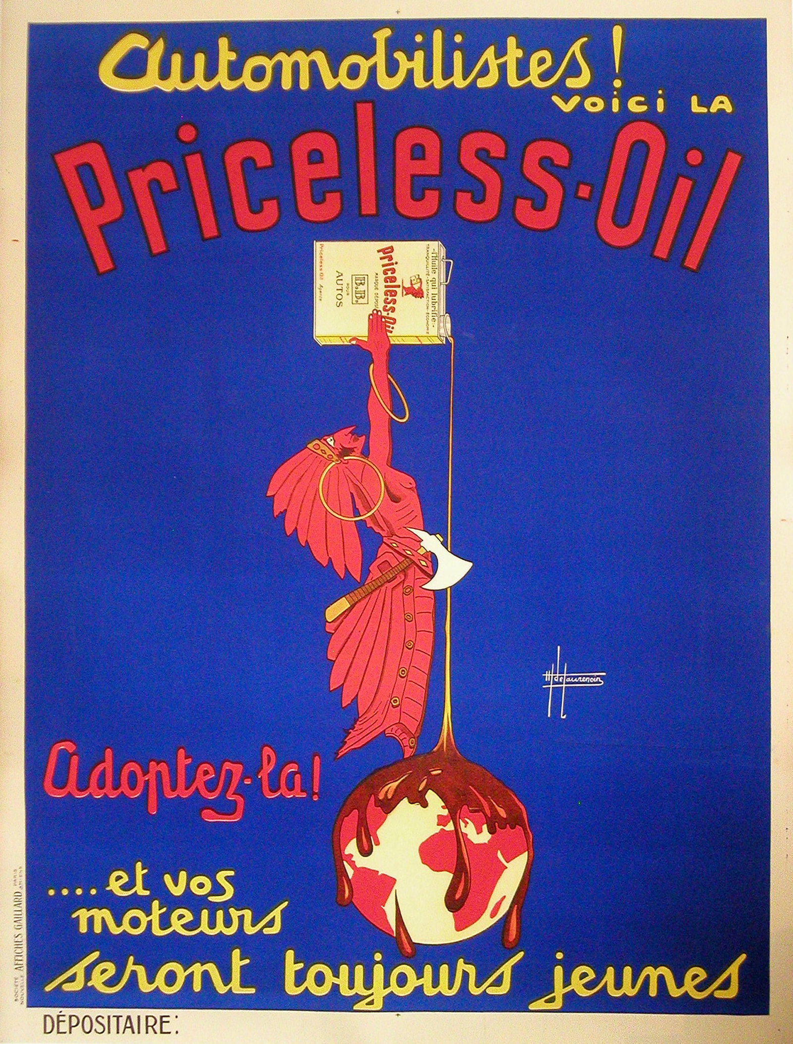 Original Vintage Priceless Oil Poster by Georges de Laurencin c1930 Native American: This dynamic poster was created to promote the Priceless Oil brand around 1930. Native American imagery was often employed to add an exotic or adventurous quality to advertisements. In a time when Wes