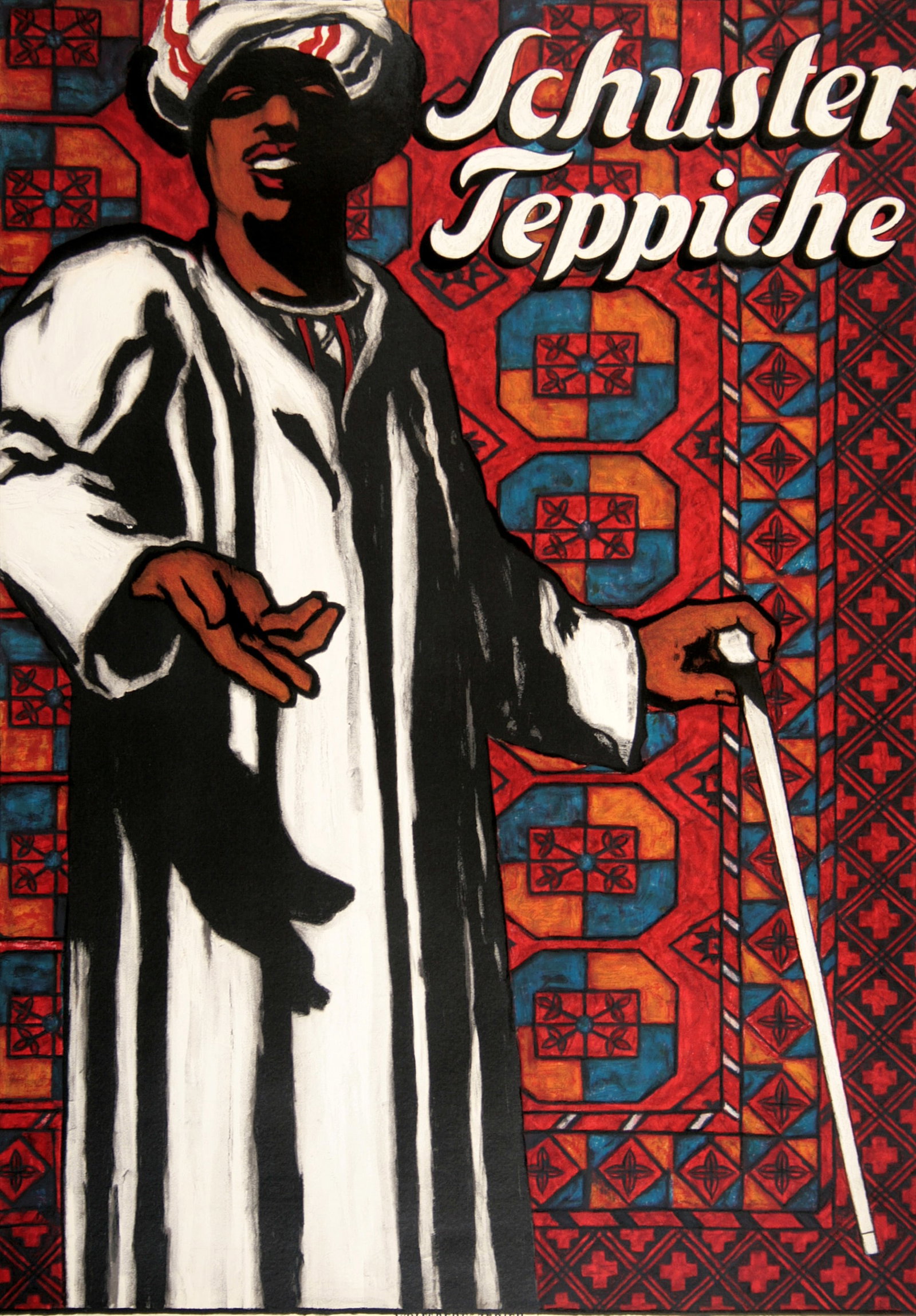 Swiss Original Poster for Schuster Teppiche 1917 by Schaupp: This vintage poster by graphic artist Richard Schaupp was published in Zurich in 1917. It advertises a successful carpet dealer, Schuster & Co. This company was located in St.Gallen, Switzerland in th