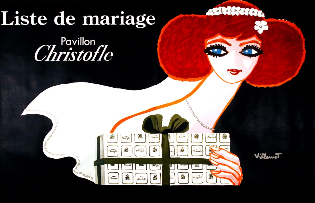 Original Christofle Liste de Mariage Poster by Bernard Villemot 1983 Large Format: The poster is promoting the use of Christofle’s products as in Wedding Registry items. Christofle is a manufacturer of fine silver flatware and home accessories based in France. It was founded in 18