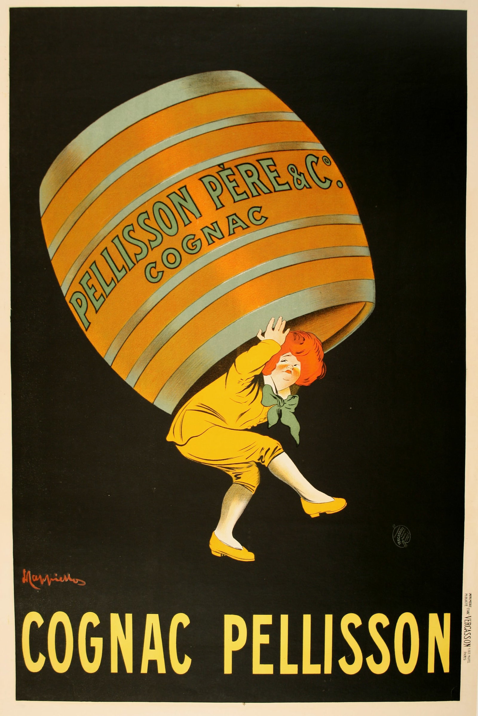 Original Vintage Leonetto Cappiello 1920's Cognac Pellisson Poster Small Size: Cognac Pellisson is a French liquor poster from circa 1920, by famous poster artist Leonetto Cappiello. It is a typically whimsical Cappiello design featuring the oversized keg of Cognac carried by th