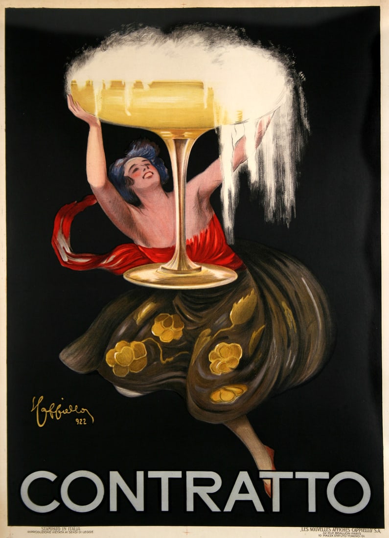 Original Italian Contratto Sparkling Wine Poster by Cappiello 1922: This famous image is by celebrated poster artist Leonetto Cappiello. This particular poster is from the first printing in 1922. We see an elegant, dreamy image that pops against the black background, 