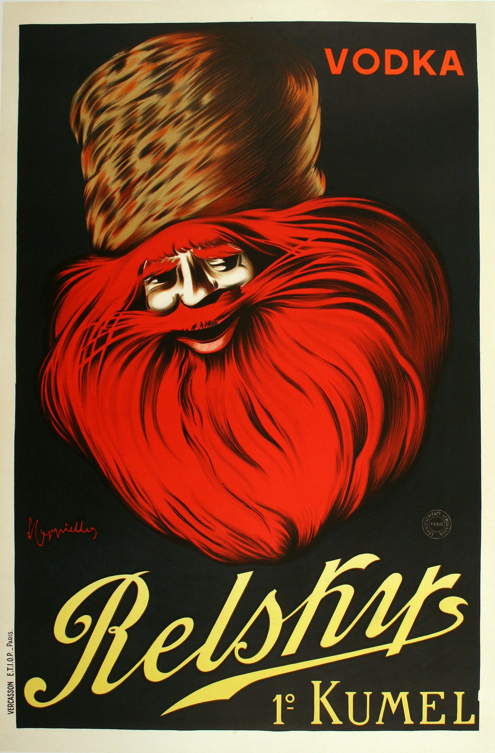 Relsky Vodka Original Vintage Poster circa1925 by Leonetto Cappiello: This poster for Relsky Vodka is a particularly exciting poster by famed artist Leonetto Cappiello. It was produced and printed in 1925, and stands out in a realm of liquor posters from the era that te