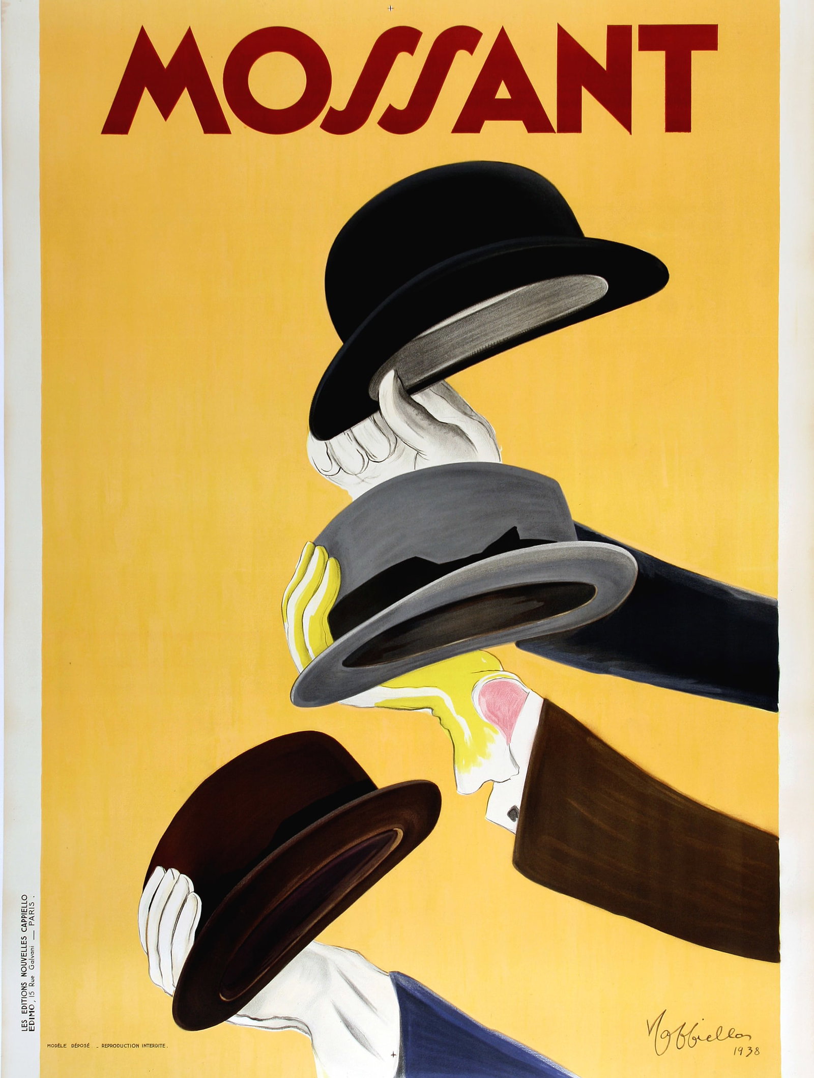 Original Mossant Vintage Poster Hats by Leonetto Cappiello 1938: This is an original stone lithograph poster created by the famous poster artist, Leonetto Cappiello. It was done toward the end of his prolific career. In this image Cappiello used his fine artistic s