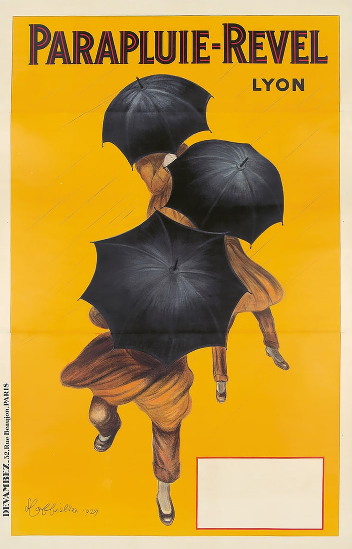 Original Vintage Parapluie Revel Oversize Poster by Leonetto Cappiello 1920 Umbrellas: This original vintage poster was created in 1920 by renowned poster artist, Leonetto Cappiello. It is printed in an oversize format using stone lithography. The fine details of the artwork promote the