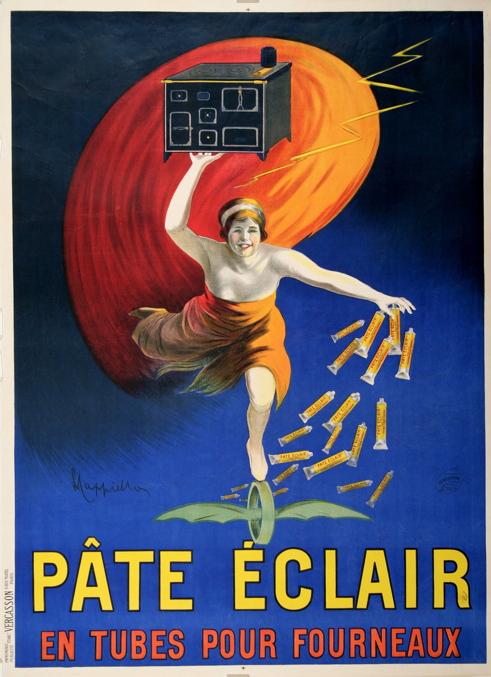 Original Leonetto Cappiello Poster 1912 - Pate Eclair Stove Polish: This vintage poster advertises the Éclair brand of stove polish paste, a product in high demand during a time when almost all stoves were made out of cast iron. The winged wheel is a symbol for progr