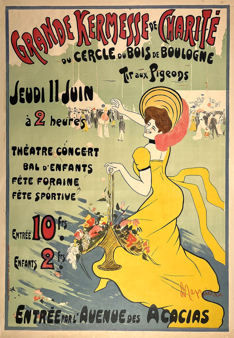 Original Vintage Grande Kermesse de Charite Poster by Leonetto Cappiello 1903 Paris: This bright and cheerful poster was created by famous poster artist, Leonetto Cappiello in 1903 for a fundraiser being held in Paris' Bois de Boulogne. One of his signature smiling ladies carries a ba