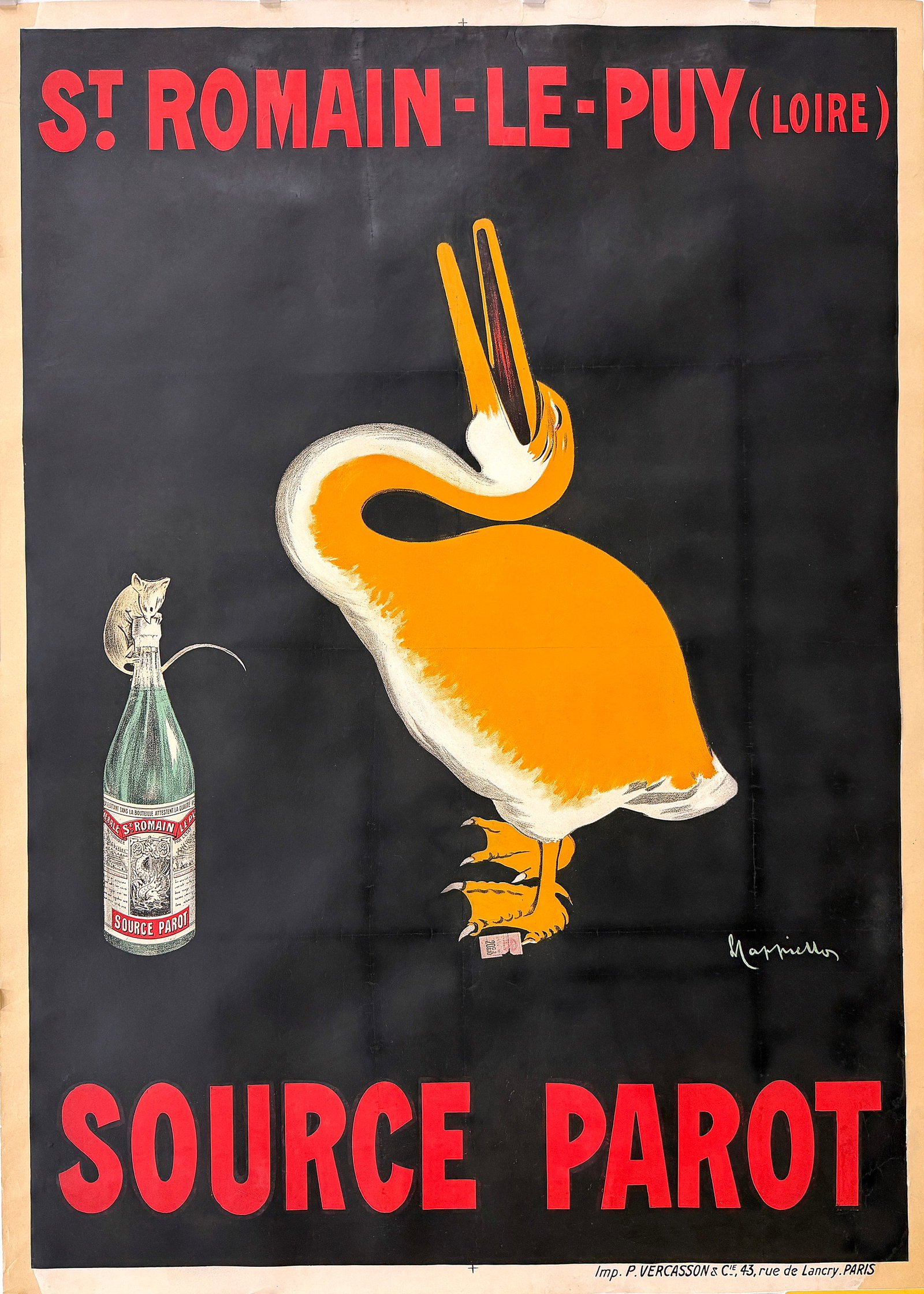 Original Vintage Leonetto Cappiello Source Parot Poster 1908: This original French advertising poster was created by Leonetto Cappiello in 1908 for Source Parot, a naturally sparkling mineral water from Saint-Romain-le-Puy in the Loire region of France. Printed 