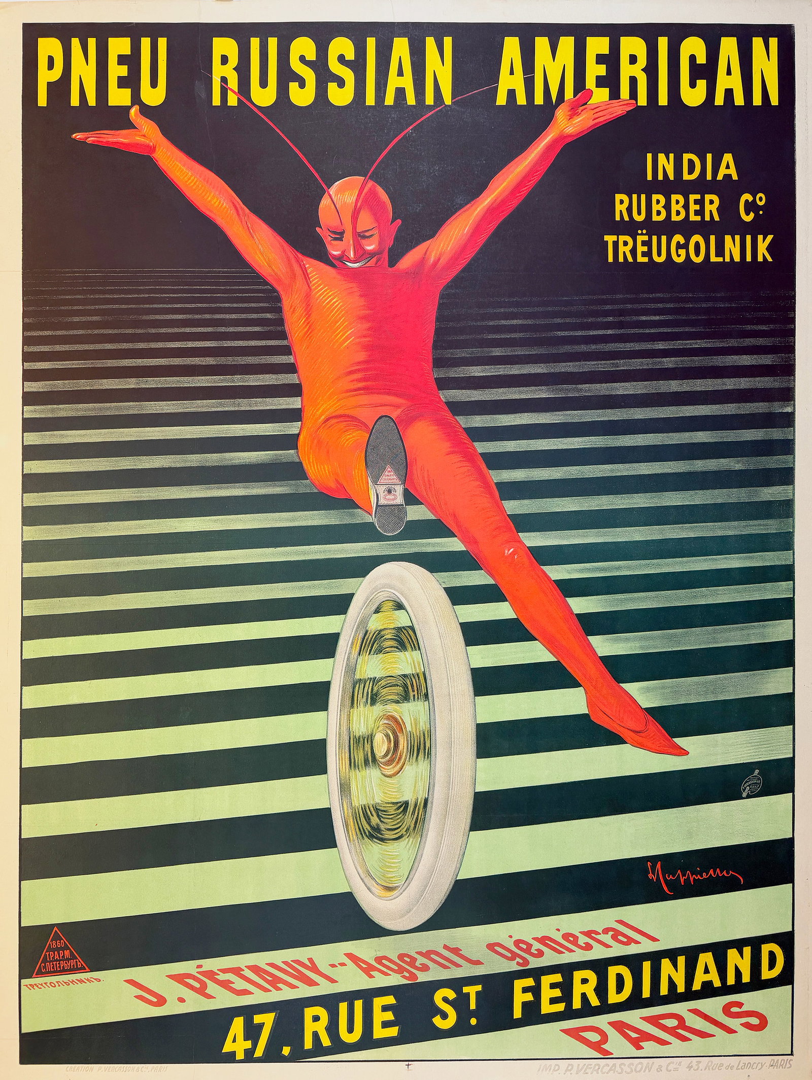 Original Vintage Leonetto Cappiello Pneu Russian American Poster 1906 - RARE: This dynamic and visually arresting poster for Pneu Russian American by Leonetto Cappiello is a brilliant expression of speed, balance, and modern innovation. The bold typography and international bra