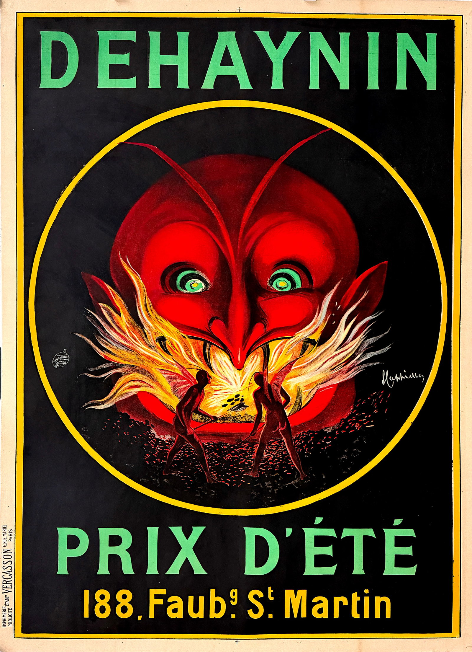 Original Vintage Leonetto Cappiello Dehaynin Prix D'Ete Poster 1912: This powerful and visually dramatic poster for Dehaynin by Leonetto Cappiello is a striking example of the artist’s ability to transform industrial subject matter into a bold and unforgettable image