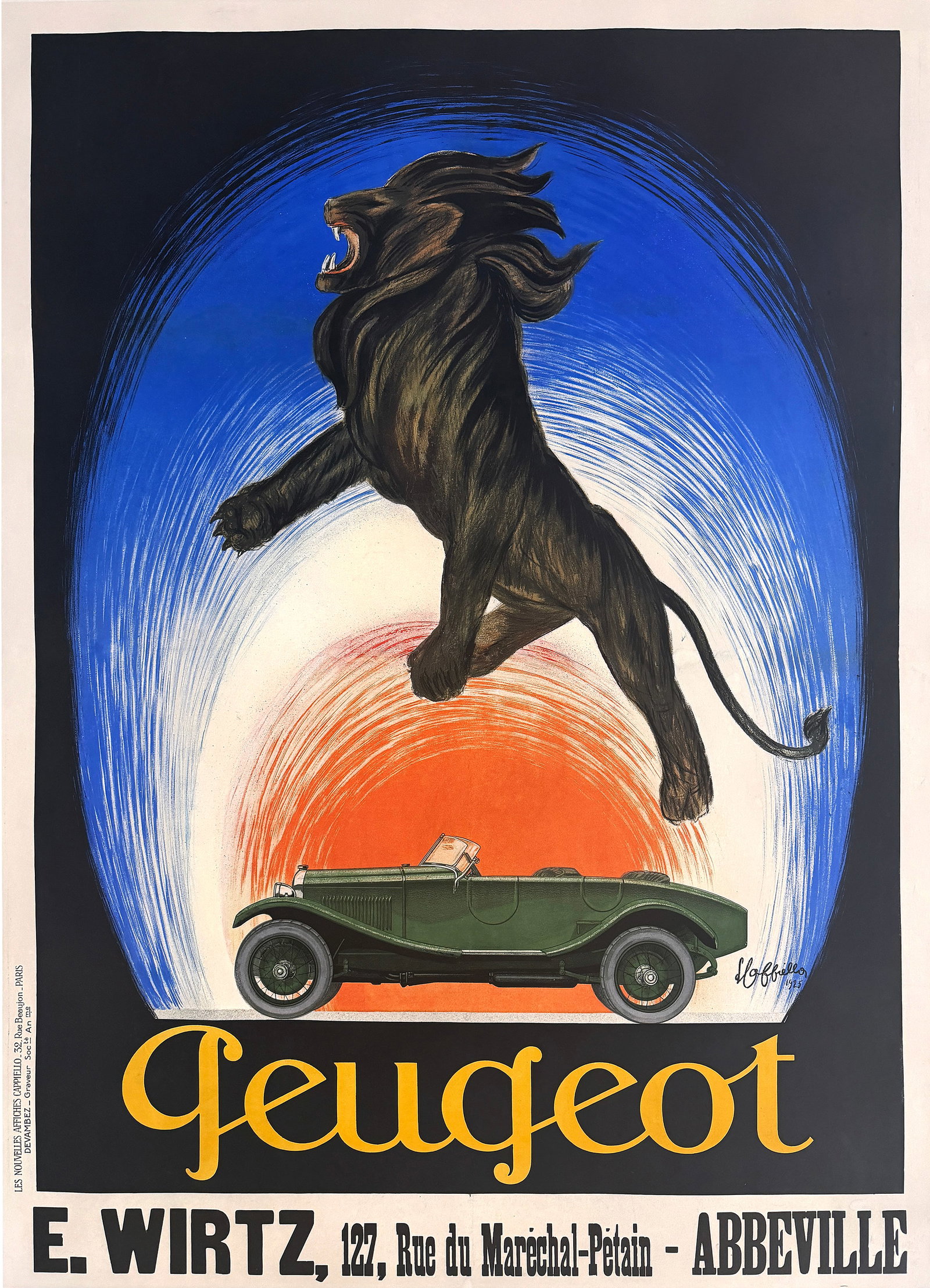 Original Vintage Leonetto Cappiello Peugeot Lion Poster 1925: This striking Peugeot poster by Leonetto Cappiello is a masterclass in bold visual storytelling, combining power, elegance, and motion into a single unforgettable image. The juxtaposition of the wild,