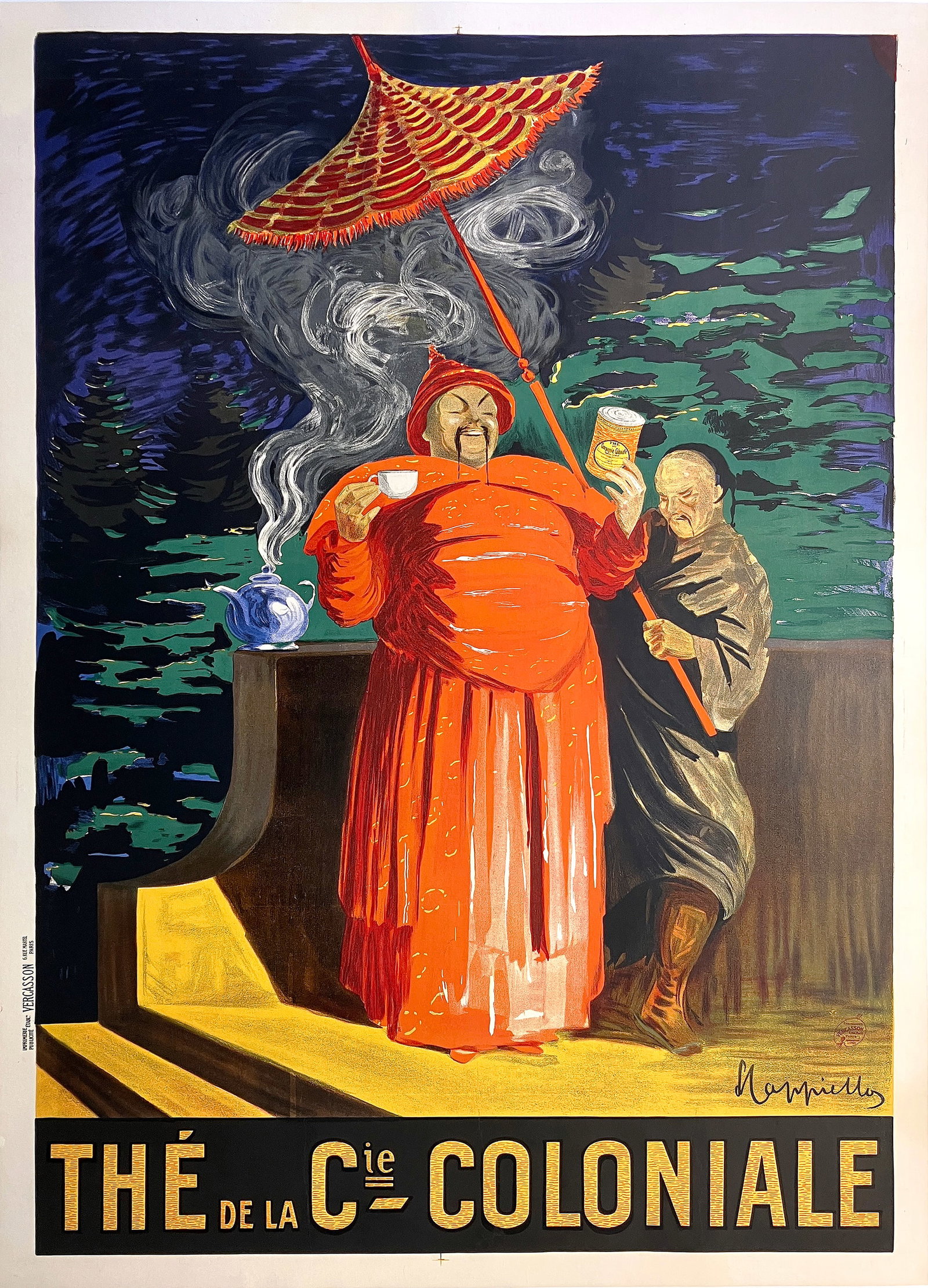 Original Vintage Leonetto Cappiello The' de la Cie Coloniale Poster 1920: This striking poster by Leonetto Cappiello for Thé de la Cie Coloniale is a masterful example of the artist’s ability to transform a simple product into a dramatic and memorable visual spectacle. S