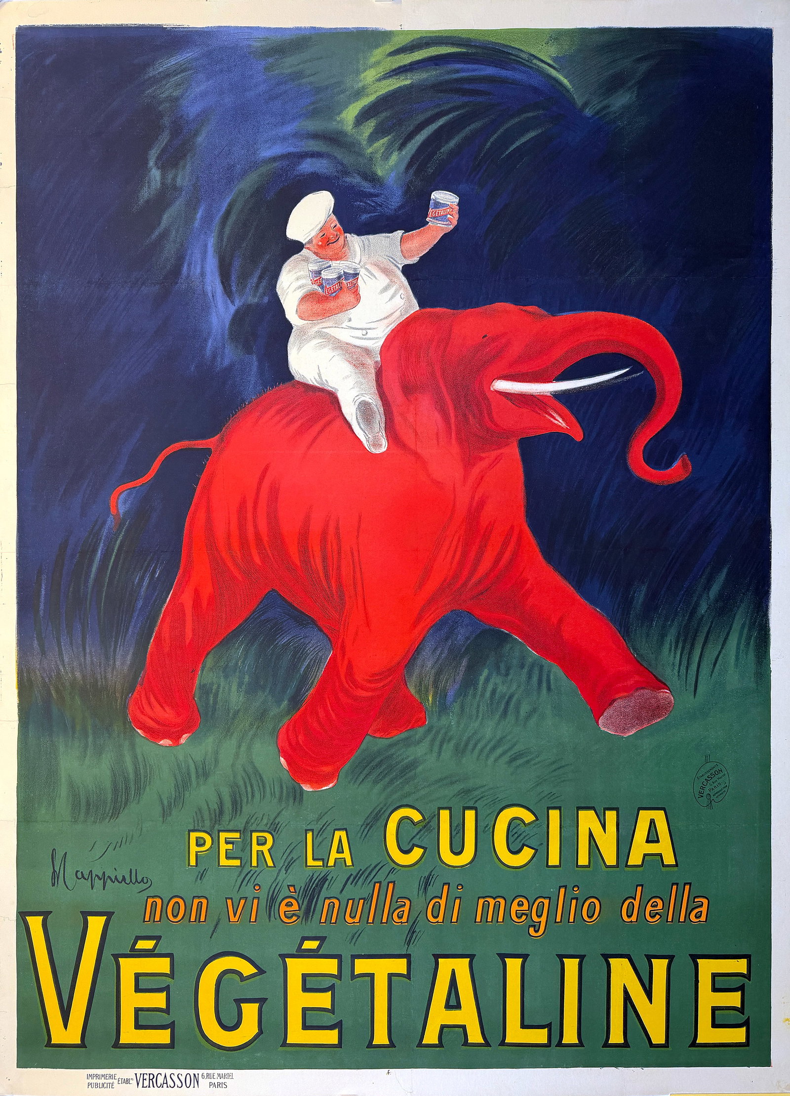 Original Vintage Leonetto Cappiello Vegetaline Per La Cucina Poster C1912: This dynamic Italian version of the Végétaline poster by Leonetto Cappiello presents one of the artist’s most imaginative and enduring advertising images. The surreal composition is both playful a