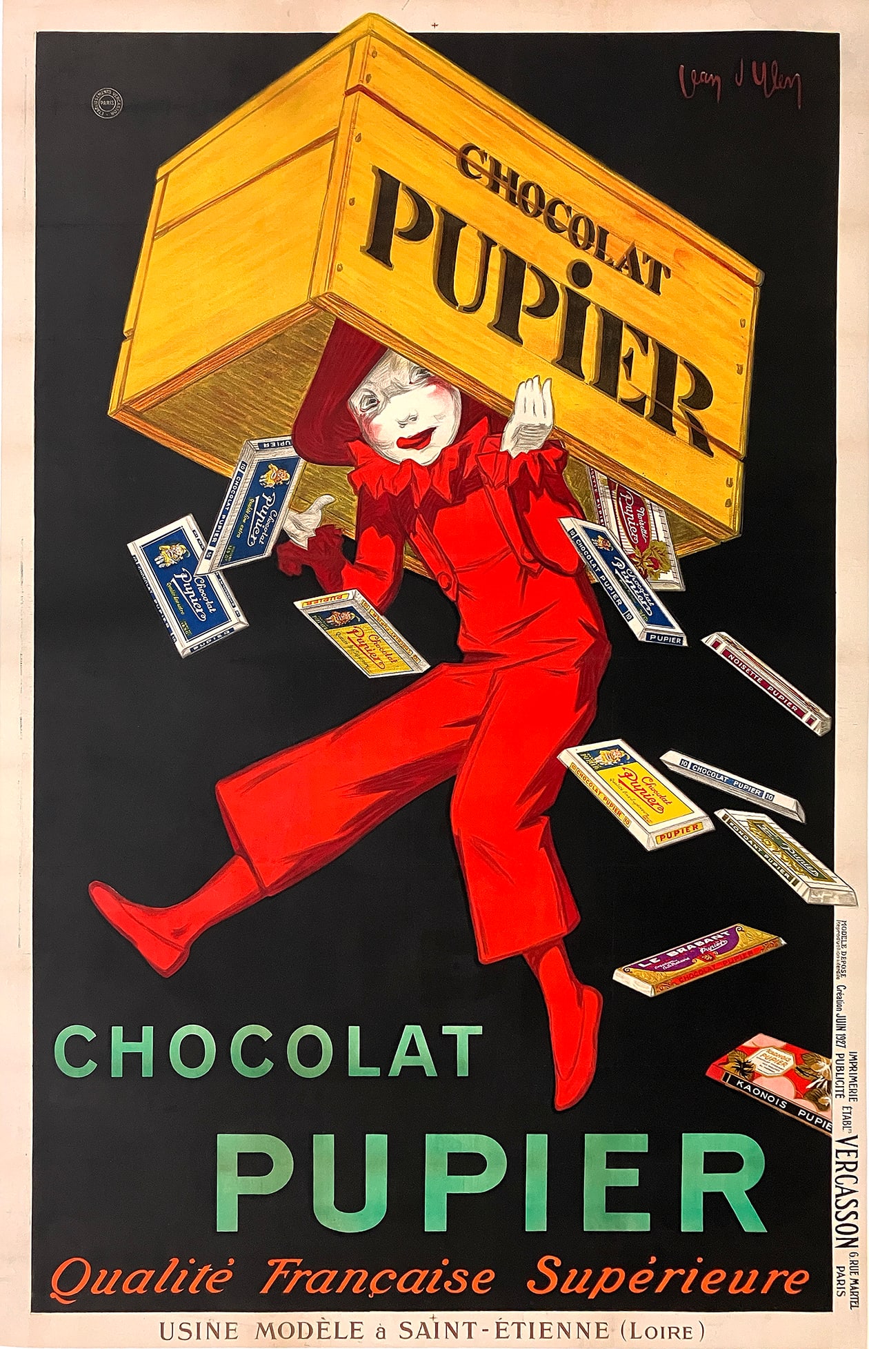 Original Vintage Jean Dylen Chocolat Pupier Poster 1927 RARE: This vibrant and highly theatrical poster by Jean Dylen for Chocolat Pupier is a superb example of the playful, eye-catching advertising style that defined French posters of the interwar period. Set a