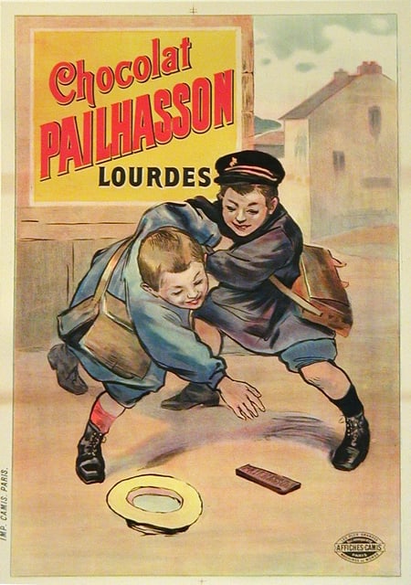 Original Vintage French Chocolate Poster Chocolat Pailhasson c1910: This is an early stone lithograph created in the early 1900's by an anonymous artist. It is a charming view of two boys fighting over their delicious looking bar of Choclat Pailhasson. The rich colors