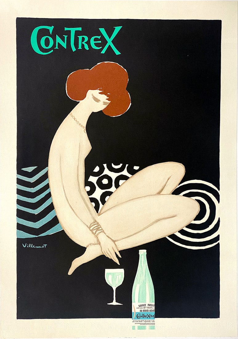Original Vintage Contrex Print by Bernard Villemot 1974 Nude: Contrex - Woman on Black is a 1974 French advertisement for Contrex Mineral Water by Bernard Villemot (1909-1989). The advertisement continues Villemot’s signature use of nude beauties in his advert