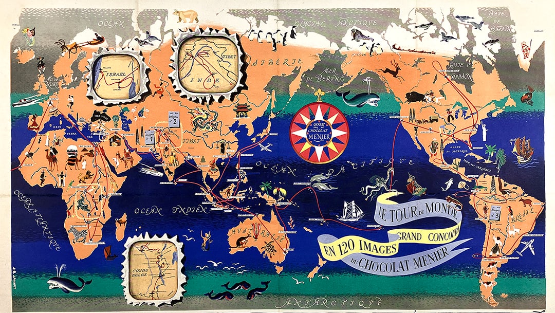Original Vintage Chocolat Menier Le Tour de Monde Poster by Jannot 1956 Chocolate Map: The Chocolat Menier Company was one of the leading producers in France with distribution throughout many countries in Europe. It is particularly well known for its many advertising and promotional pie