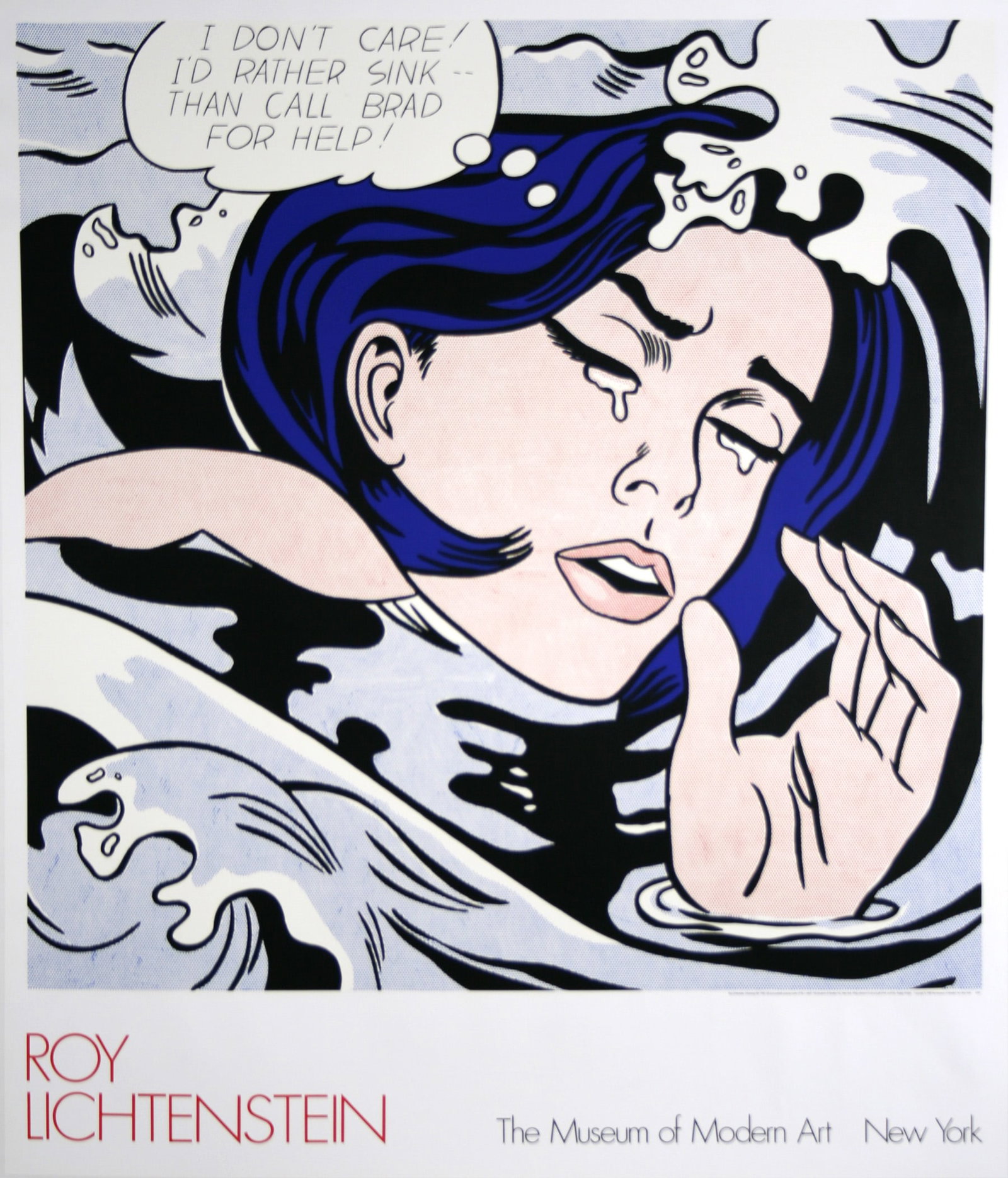 Original Vintage Pop Art Poster by Roy Lichtenstein for MoMA The Museum of Modern Art 1989: Drowning Girl by Roy Lichtenstein is an original poster created in 1989 by the Museum of Modern Art in New York. The image is based off a story from a 1962 DC Comic, titled “Secret Love #83”. 