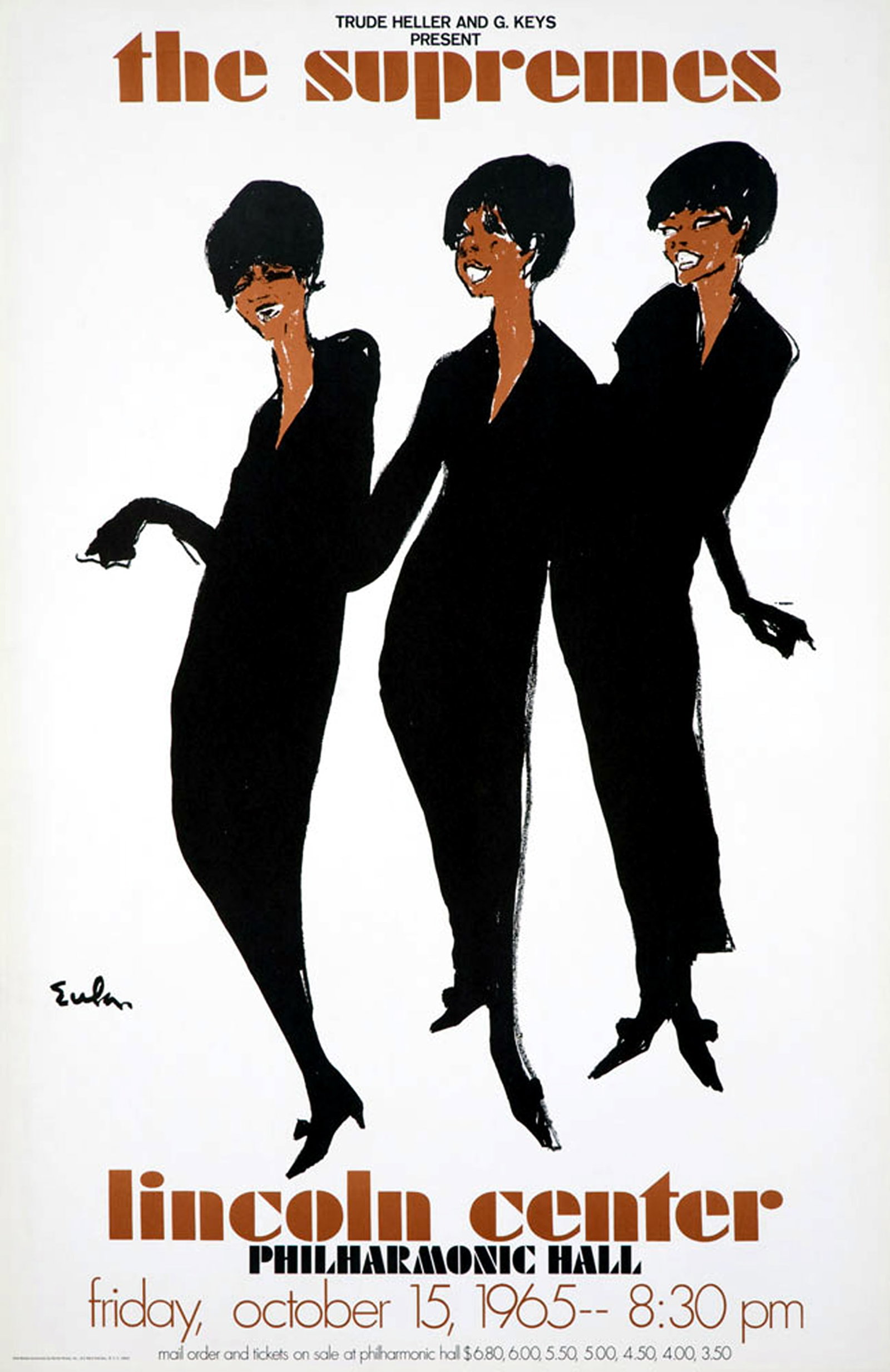 The Supremes at Lincoln Center Original Vintage Poster 1965 by Joe Eula: This is an original lithographic print created by the artist Joe Eula to promote a concert by The Supemes at Lincoln Center , New York. Noteworthy is that the top priced ticket was $6.50 . Ticket pric