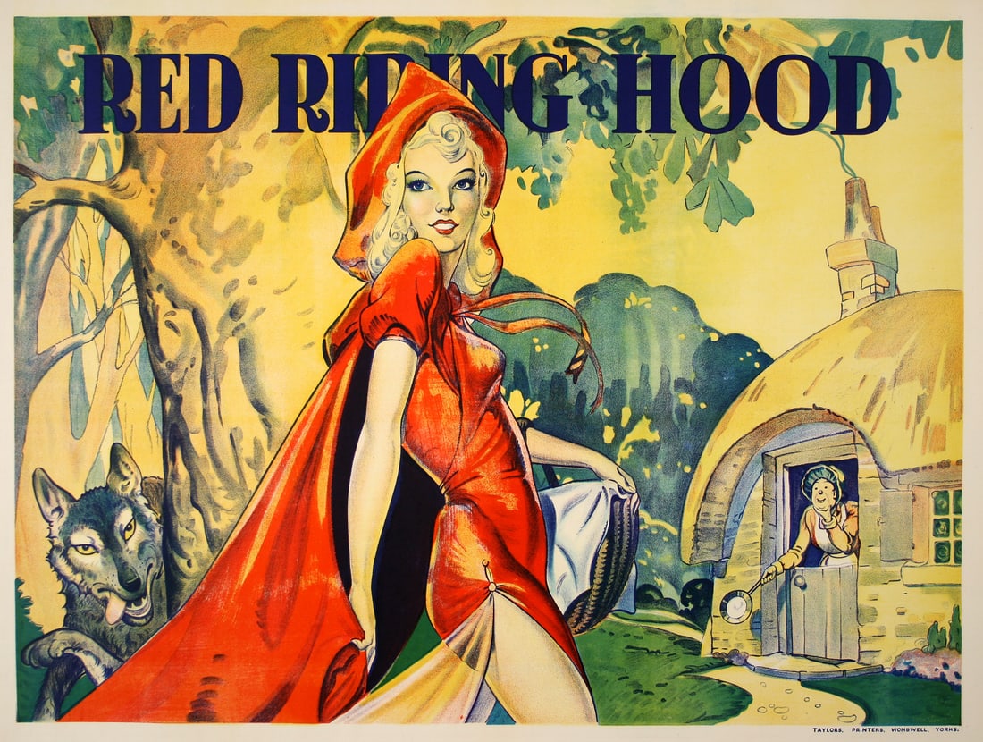 Original Red Riding Hood British Pantomime Poster c1930: Used to advertise live pantomime theatres in England, this 1930 horizontal poster features all the elements of the tale of Red Riding Hood. An enchanting Red Riding Hood is situated in the centermost 