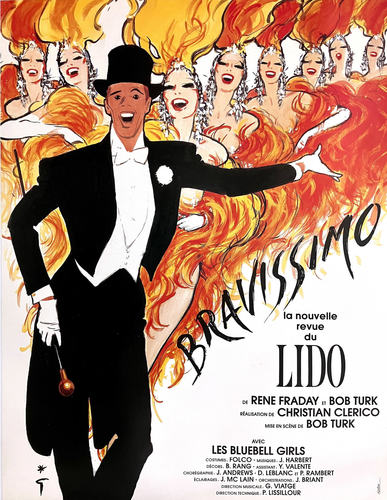 Original Vintage Rene Gruau Bravissimo Lido Poster C1990: A dazzling celebration of Parisian nightlife, Bravissimo – La Nouvelle Revue du Lido captures the glamour, spectacle, and theatrical energy of one of the world’s most iconic cabarets. René Gruau�
