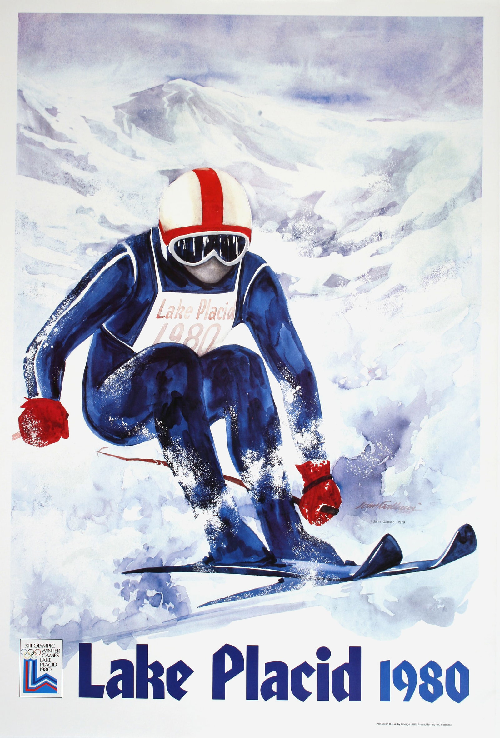 Original Lake Placid Winter Olympics 1980 - Skier Vintage Poster by John Gallucci: This is an original vintage poster, printed using offset lithographic plates. It was created by the American watercolor artist, John Gallucci (1918 – 2009) in 1979 and was commissioned by the Winter