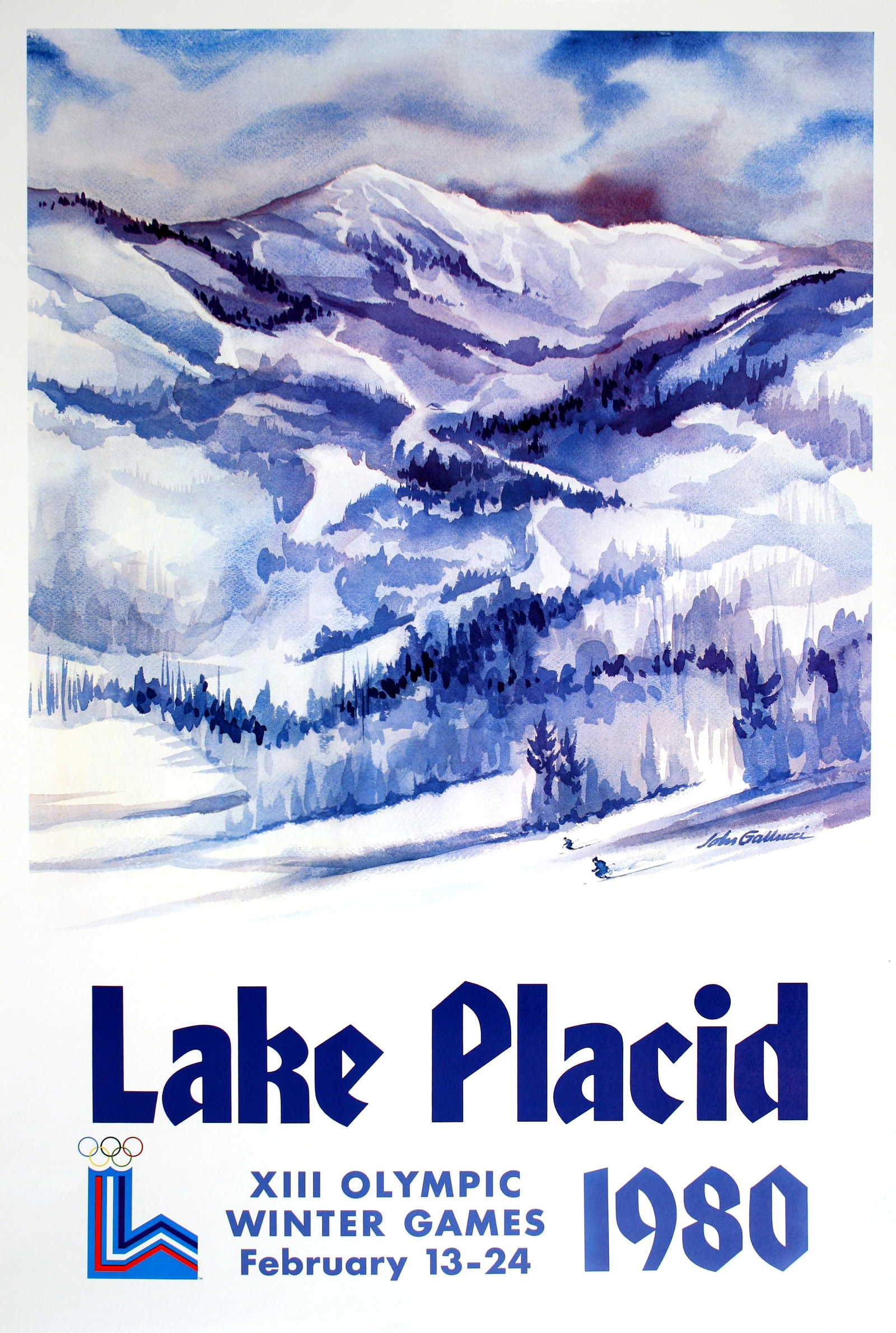 Original Lake Placid Winter Olympics 1980 - Mountain Text lVintage Poster by John Gallucci: This is an original vintage poster, printed using offset lithographic plates. It was created by the American watercolor artist, John Gallucci (1918 – 2009) in 1979 and was commissioned by the Winter