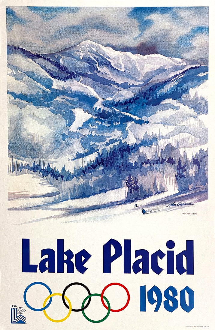 Original Vintage Lake Placid Winter Olympics 1980 Rings Poster by John Gallucci: This poster was created by the American watercolor artist, John Gallucci (1918 – 2009) in 1979 and was commissioned by the Winter Olympic Organizing Committee. It promoted and commemorated the vario